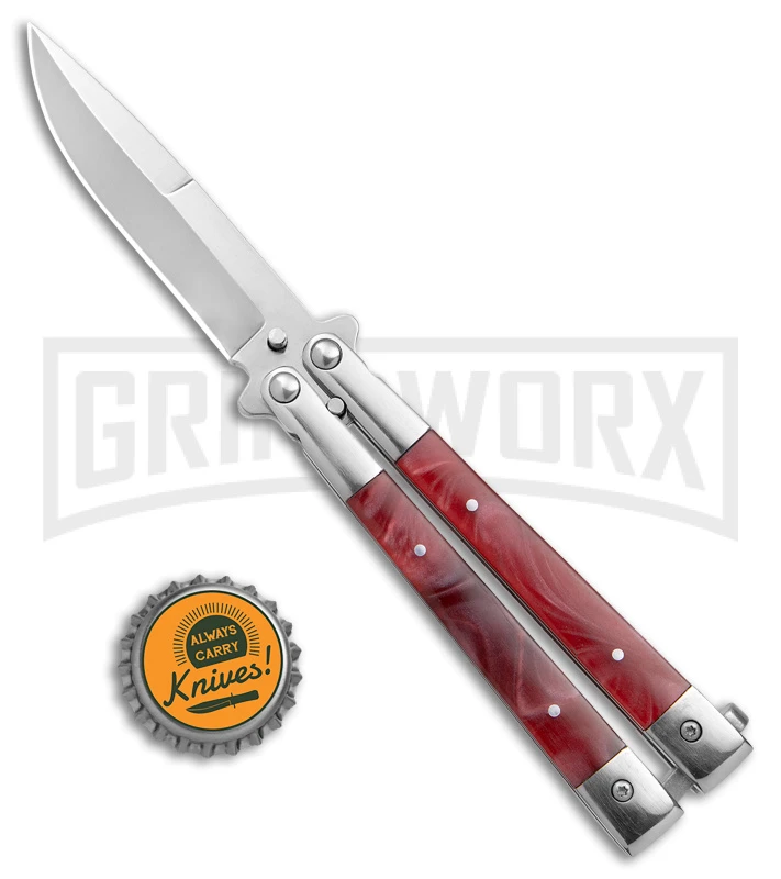 Skipper Red Swirl Balisong Aluminum Butterfly Knife - Drop Point Satin Plain 4 Skipper Red Swirl Balisong Aluminum Butterfly Knife - Drop Point Satin Plain - Image 4