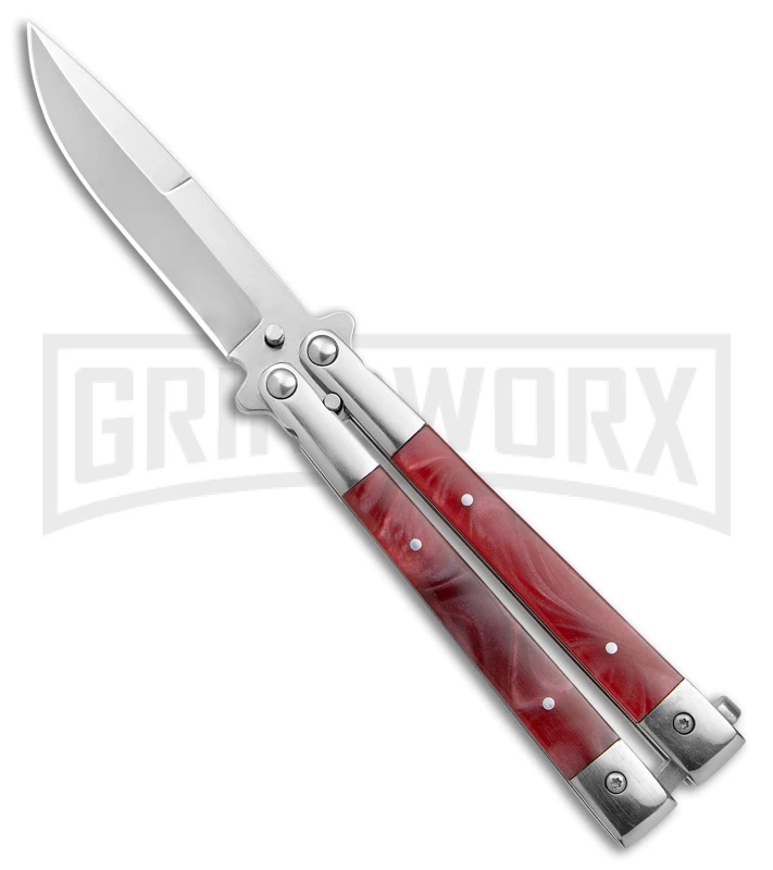 Skipper Red Swirl Balisong Aluminum Butterfly Knife - Drop Point Satin Plain 1 Skipper Red Swirl Balisong Aluminum Butterfly Knife - Drop Point Satin Plain