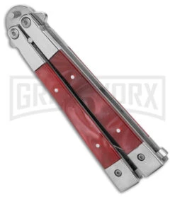 Skipper Red Swirl Balisong Aluminum Butterfly Knife - Drop Point Satin Plain 6 Skipper Red Swirl Balisong Aluminum Butterfly Knife - Drop Point Satin Plain -Buck Knives Sales Store Skipper Red Swirl Balisong Aluminum Butterfly DP Satin BHQ 177243 jr side large