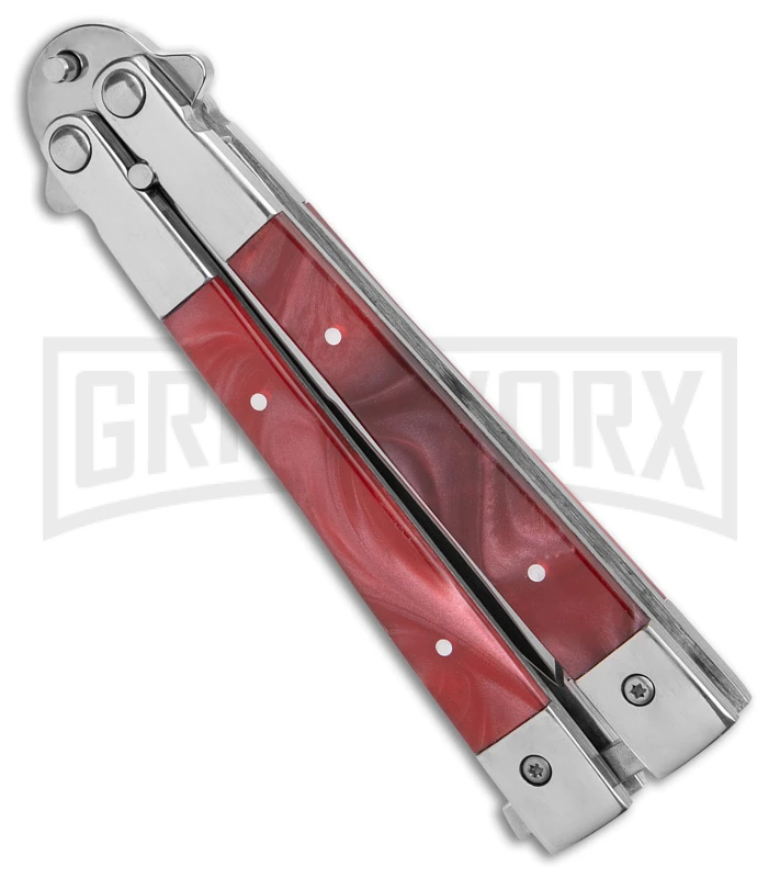 Skipper Red Swirl Balisong Aluminum Butterfly Knife - Drop Point Satin Plain 2 Skipper Red Swirl Balisong Aluminum Butterfly Knife - Drop Point Satin Plain - Image 2