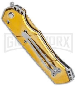 Super Knife Croc Automatic Knife Gold W/ Blue Inlay - Gold Serr -Buck Knives Sales Store Super Knife Croc Auto Stainless Gold Blue Serr GX 35767 jr side large