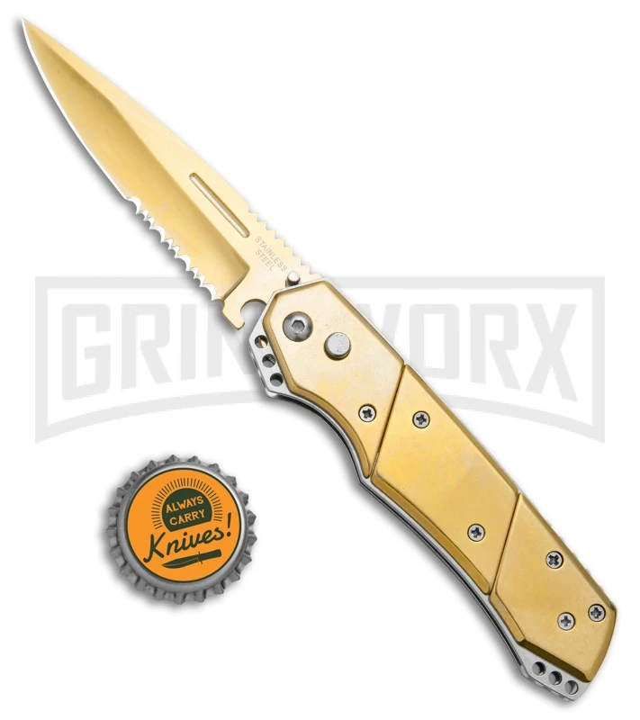 Super Knife Croc Automatic Knife Stainless Gold W/ Gold Inlay - Gold Serr 4 Super Knife Croc Automatic Knife Stainless Gold W/ Gold Inlay - Gold Serr - Image 4