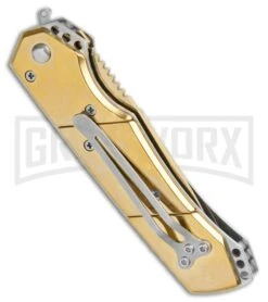 Super Knife Croc Automatic Knife Stainless Gold W/ Gold Inlay - Gold Serr 6 Super Knife Croc Automatic Knife Stainless Gold W/ Gold Inlay - Gold Serr -Buck Knives Sales Store Super Knife Croc Auto Stainless Gold Gold Inlay Gold Serr GX 34967 jr side large