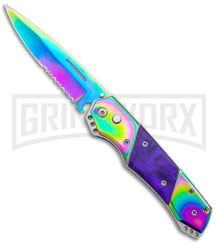 Super Knife Croc Automatic Knife Stainless Rainbow W/ Purple - Rainbow Serr 1 Super Knife Croc Automatic Knife Stainless Rainbow W/ Purple - Rainbow Serr