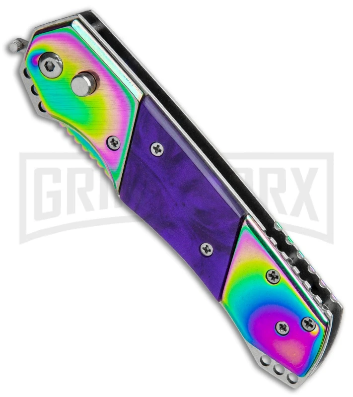 Super Knife Croc Automatic Knife Stainless Rainbow W/ Purple - Rainbow Serr 2 Super Knife Croc Automatic Knife Stainless Rainbow W/ Purple - Rainbow Serr - Image 2