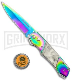 Super Knife Croc Automatic Knife Stainless Rainbow W/ White Inlay - Rainbow Serr -Buck Knives Sales Store Super Knife Croc Auto Stainless Rainbow White Spectrum Serr GX 35780 jr bottlecap large