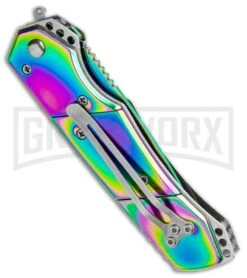 Super Knife Croc Automatic Knife Stainless Rainbow W/ White Inlay - Rainbow Serr -Buck Knives Sales Store Super Knife Croc Auto Stainless Rainbow White Spectrum Serr GX 35780 jr side large