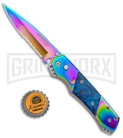 Super Knife Croc Automatic Knife Stainless Rainbow W/ Blue Inlay - Rainbow Serr 7 Super Knife Croc Automatic Knife Stainless Rainbow W/ Blue Inlay - Rainbow Serr -Buck Knives Sales Store Super Knife Crock Auto Stainless Rainbow Blue Spectrum Serr GX 35763 jr bottlecap large