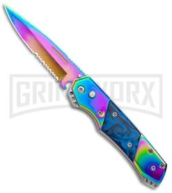Super Knife Croc Automatic Knife Stainless Rainbow W/ Blue Inlay - Rainbow Serr