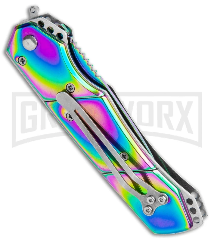 Super Knife Croc Automatic Knife Stainless Rainbow W/ Blue Inlay - Rainbow Serr 3 Super Knife Croc Automatic Knife Stainless Rainbow W/ Blue Inlay - Rainbow Serr - Image 3