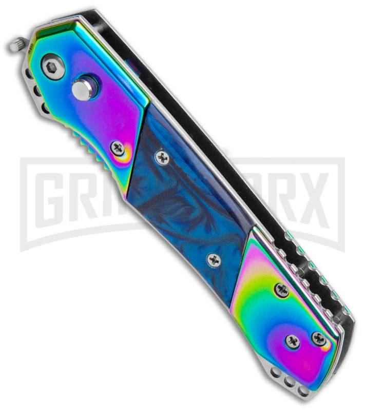 Super Knife Croc Automatic Knife Stainless Rainbow W/ Blue Inlay - Rainbow Serr 2 Super Knife Croc Automatic Knife Stainless Rainbow W/ Blue Inlay - Rainbow Serr - Image 2