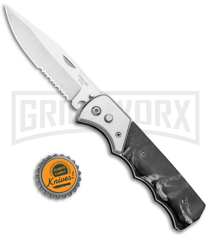 Super Knife Dingo Black Marble Acrylic Automatic Knife - Satin Serr 4 Super Knife Dingo Black Marble Acrylic Automatic Knife - Satin Serr - Image 4