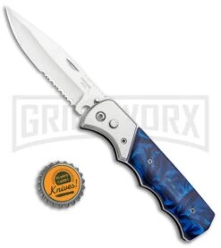 Super Knife Dingo Blue Marble Acrylic Automatic Knife - Satin Serr -Buck Knives Sales Store Super Knife Dingo Blue Marble Acrylic Auto Satin Serr GA623SLMBL GX 33492 jr bottlecap large