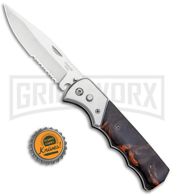 Super Knife Dingo Brown Marble Acrylic Automatic Knife - Satin Serr 4 Super Knife Dingo Brown Marble Acrylic Automatic Knife - Satin Serr - Image 4