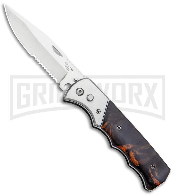 Super Knife Dingo Brown Marble Acrylic Automatic Knife - Satin Serr 1 Super Knife Dingo Brown Marble Acrylic Automatic Knife - Satin Serr