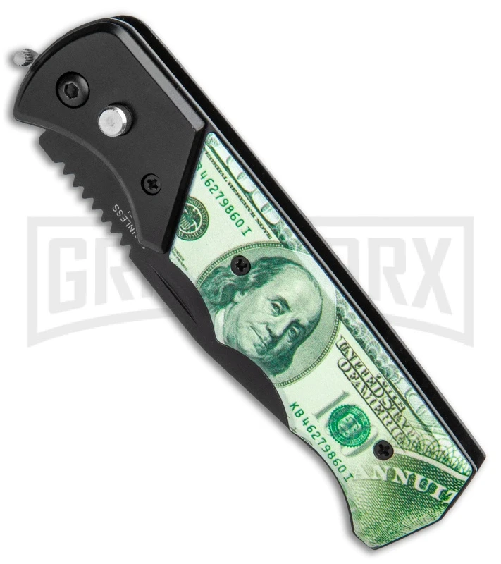 Super Knife Dingo Money Print Automatic Knife - Black Serr 2 Super Knife Dingo Money Print Automatic Knife - Black Serr - Image 2