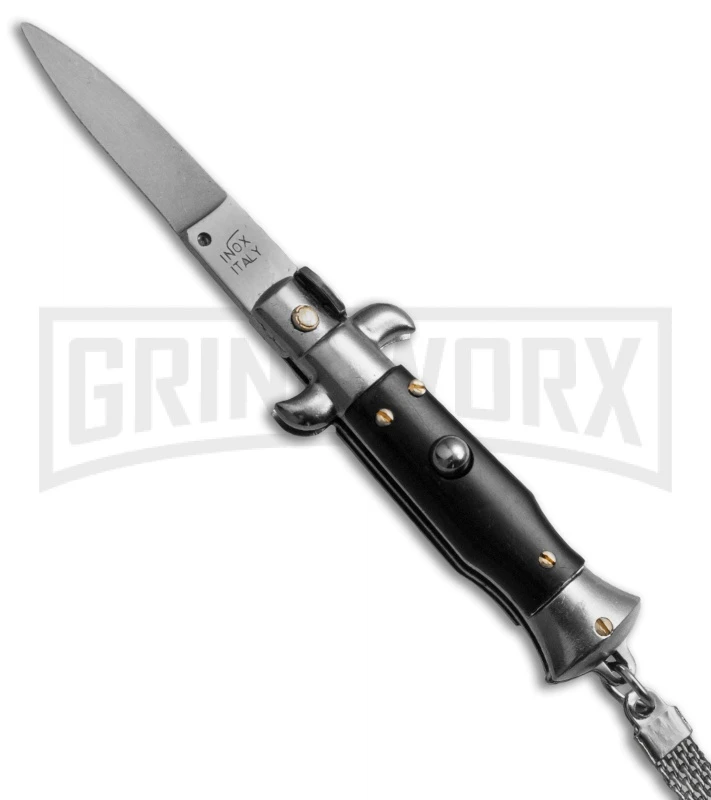 SKM 4" Italian Stiletto Black Automatic Knife Keychain - Flat Grind 1 SKM 4" Italian Stiletto Black Automatic Knife Keychain - Flat Grind