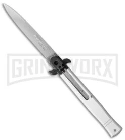 AKC 9" Tactical Leverletto Silver Automatic Knife - Satin Flat Grind