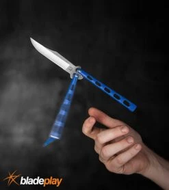Bear And Son Knives 114 Blue Balisong Butterfly Knife - Satin Plain 4TH18 -Buck Knives Sales Store bear and son 114bl BHQ 36771 dl flipping large