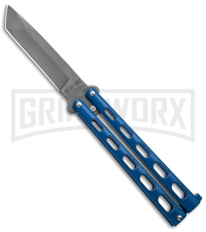 Bear And Son Knives 114 Blue Tanto Balisong Butterfly Knife - Bead Blast Plain 1 Bear And Son Knives 114 Blue Tanto Balisong Butterfly Knife - Bead Blast Plain
