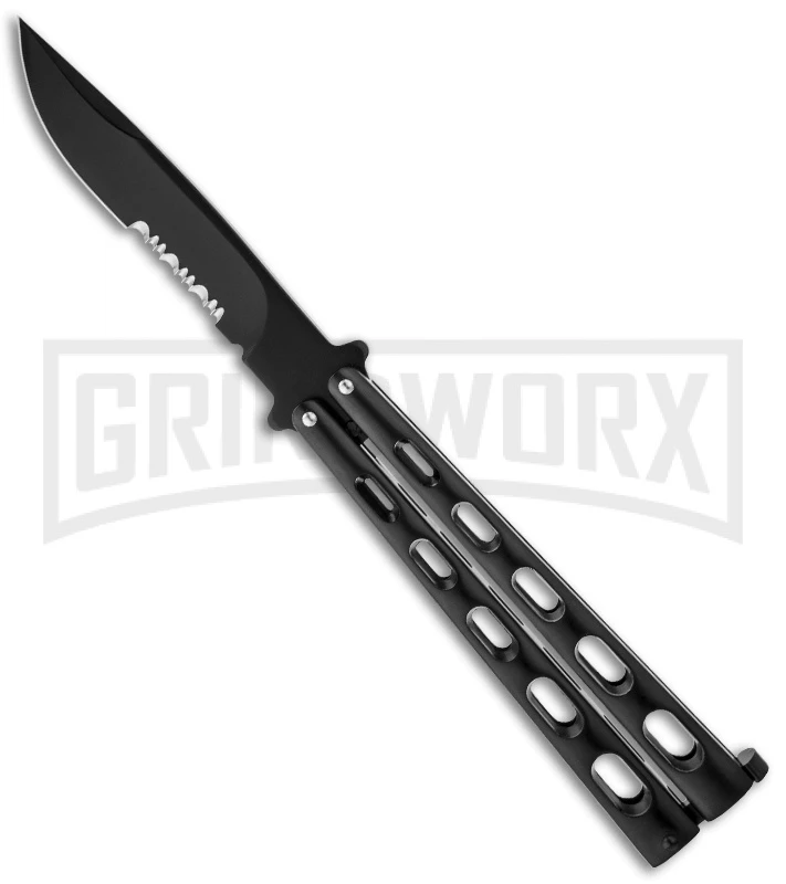 Jaguar Milled Black Balisong Butterfly Knife - Black Serr 1 Jaguar Milled Black Balisong Butterfly Knife - Black Serr