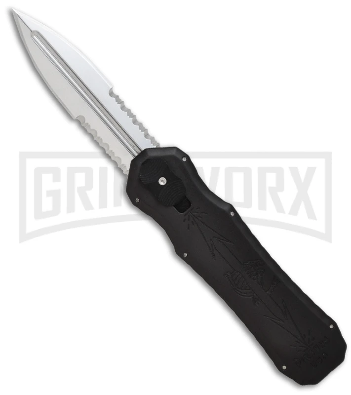 Piranha Excalibur Black OTF Automatic Knife - Stonewash Serr 1 Piranha Excalibur Black OTF Automatic Knife - Stonewash Serr