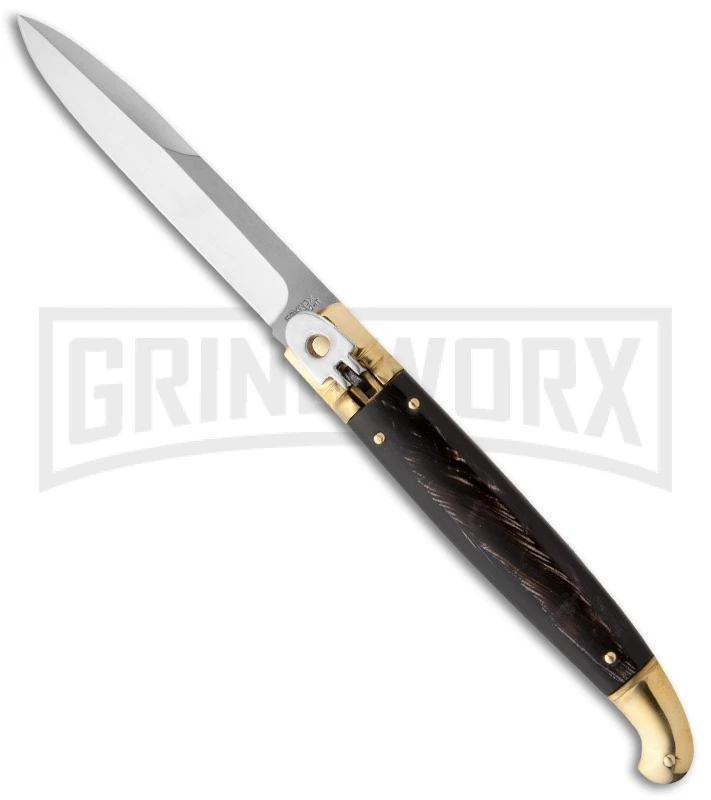 SKM 9.5" Sicilian Brass Lever Lock Dark Horn Automatic Knife - Bayonet 1 SKM 9.5" Sicilian Brass Lever Lock Dark Horn Automatic Knife - Bayonet