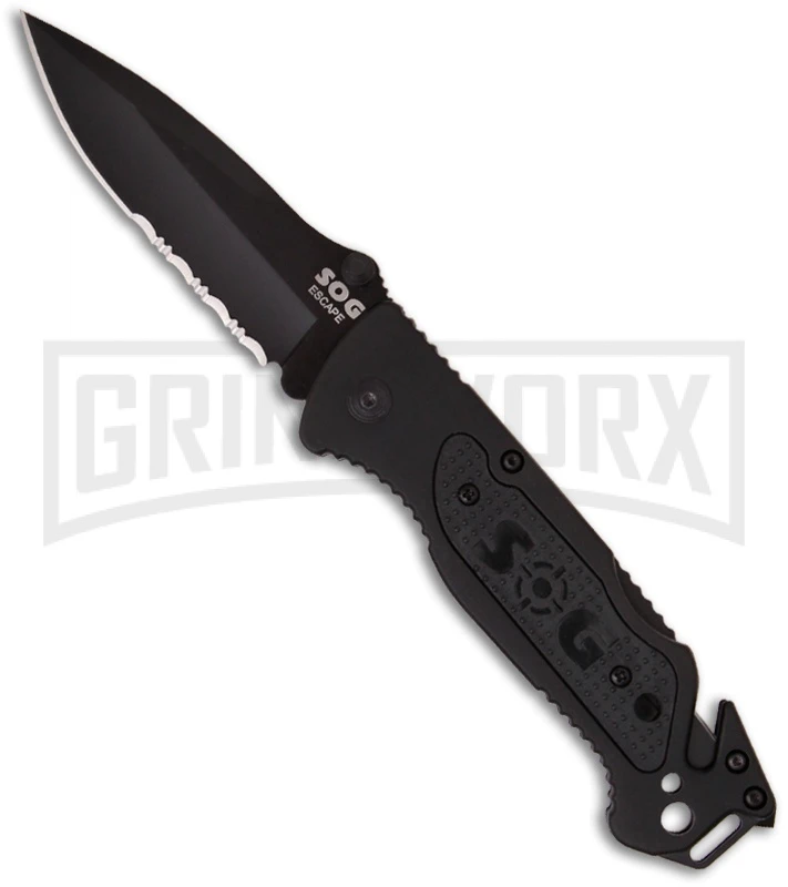 SOG Escape Black Folding Knife - Black Serr 1 SOG Escape Black Folding Knife - Black Serr